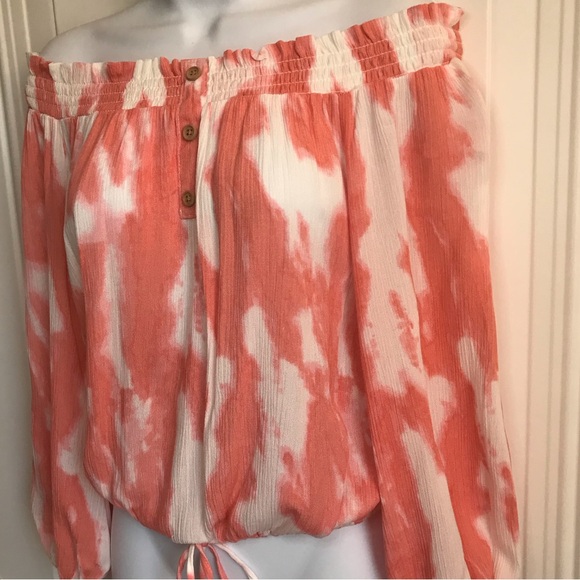 🔴 4/$15 Boutique coral & white tie dye crepey off-shoulder blouson top sz S NWT - Picture 6 of 15